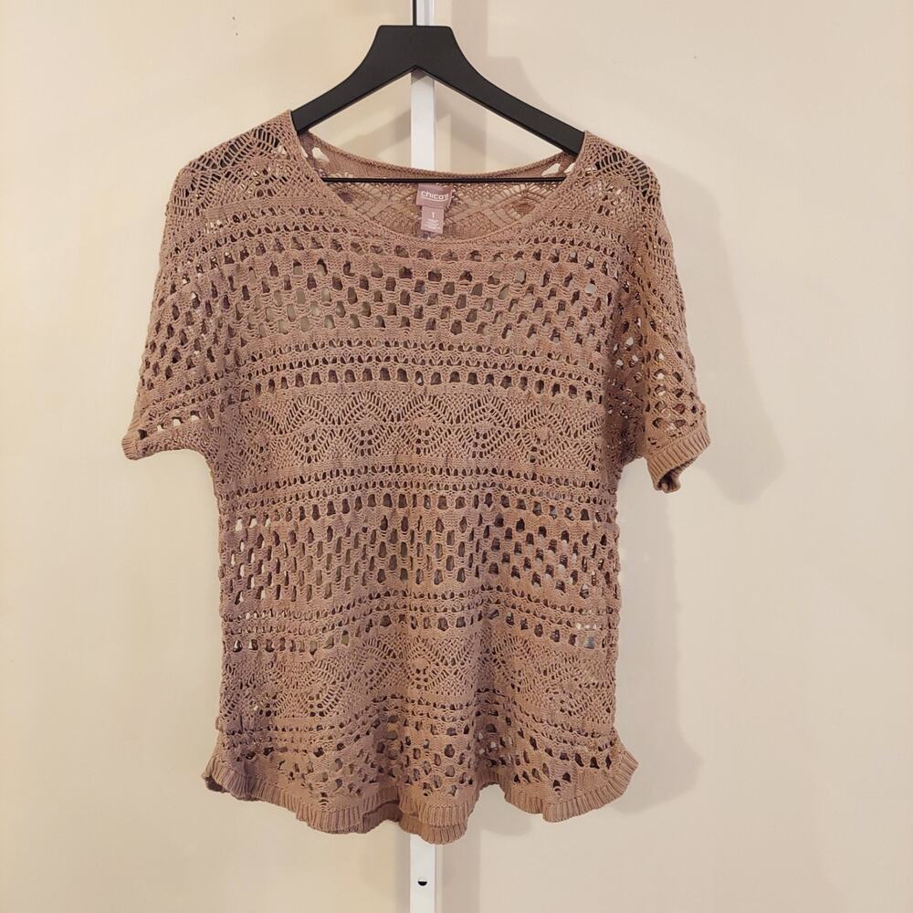 Chicos Open Knit Crochet‎ Sweater Top Taupe Brown Cotton Short Sleeve Size 1 M
